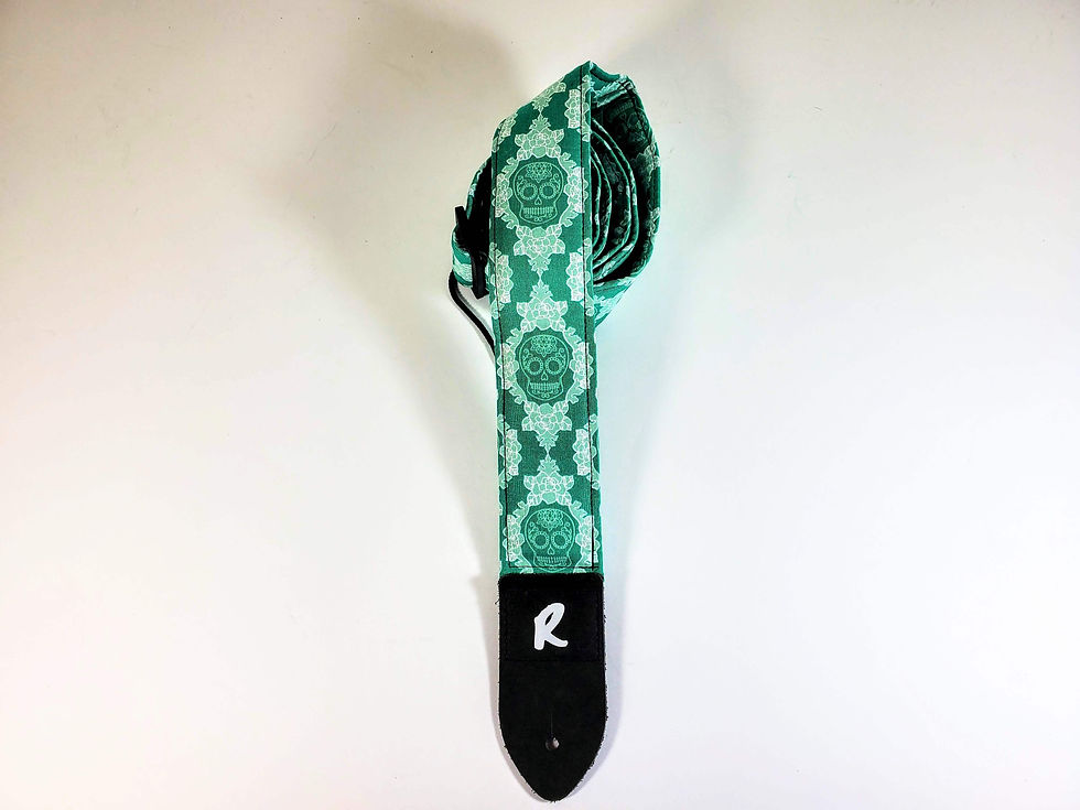 Thumbnail: Green Sugar Skulls Guitar Strap - Day of the Dead - Dia De Los Muertos