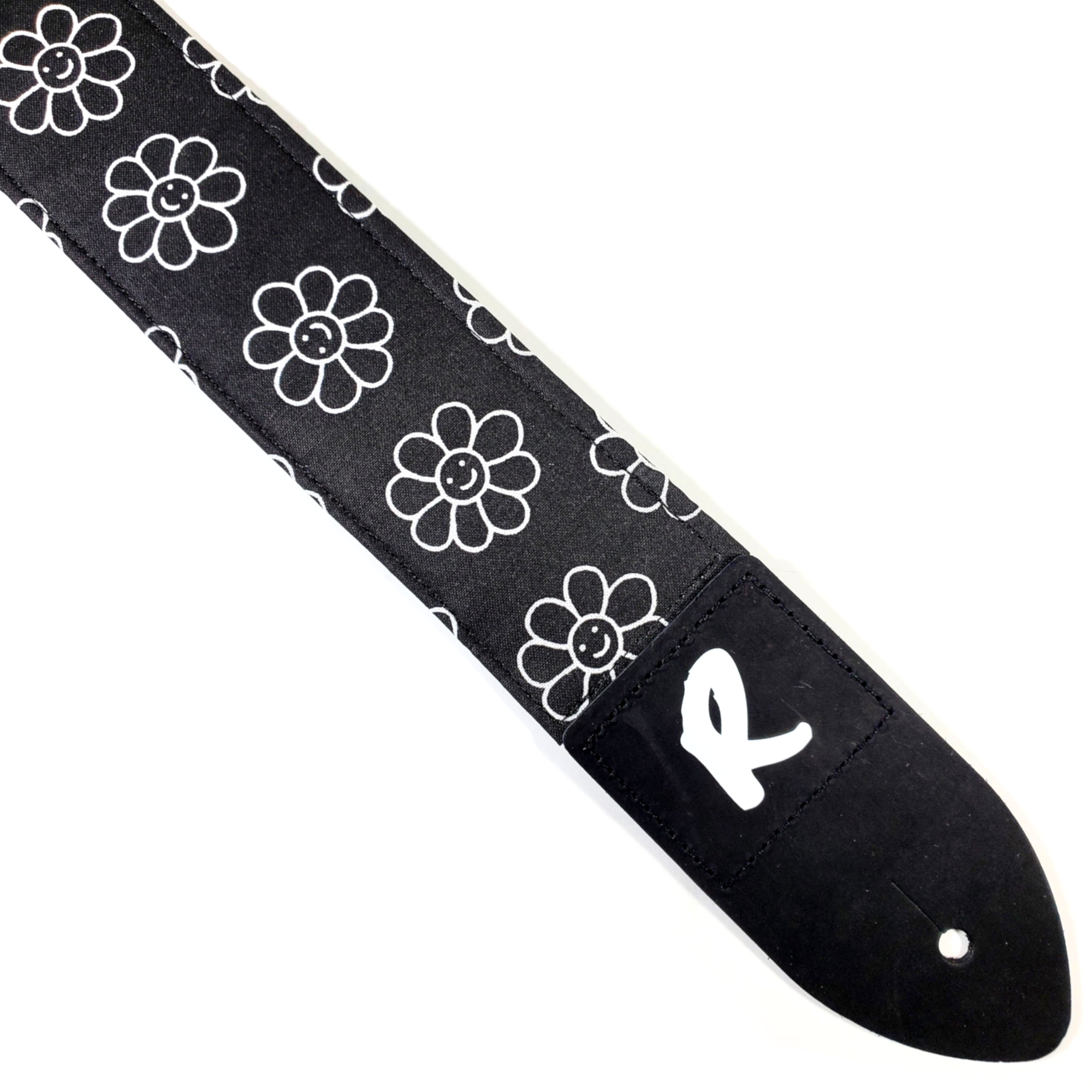 Preppy Black Flower Guitar Strap - Smile Black White Flower Design Guitar Strap-