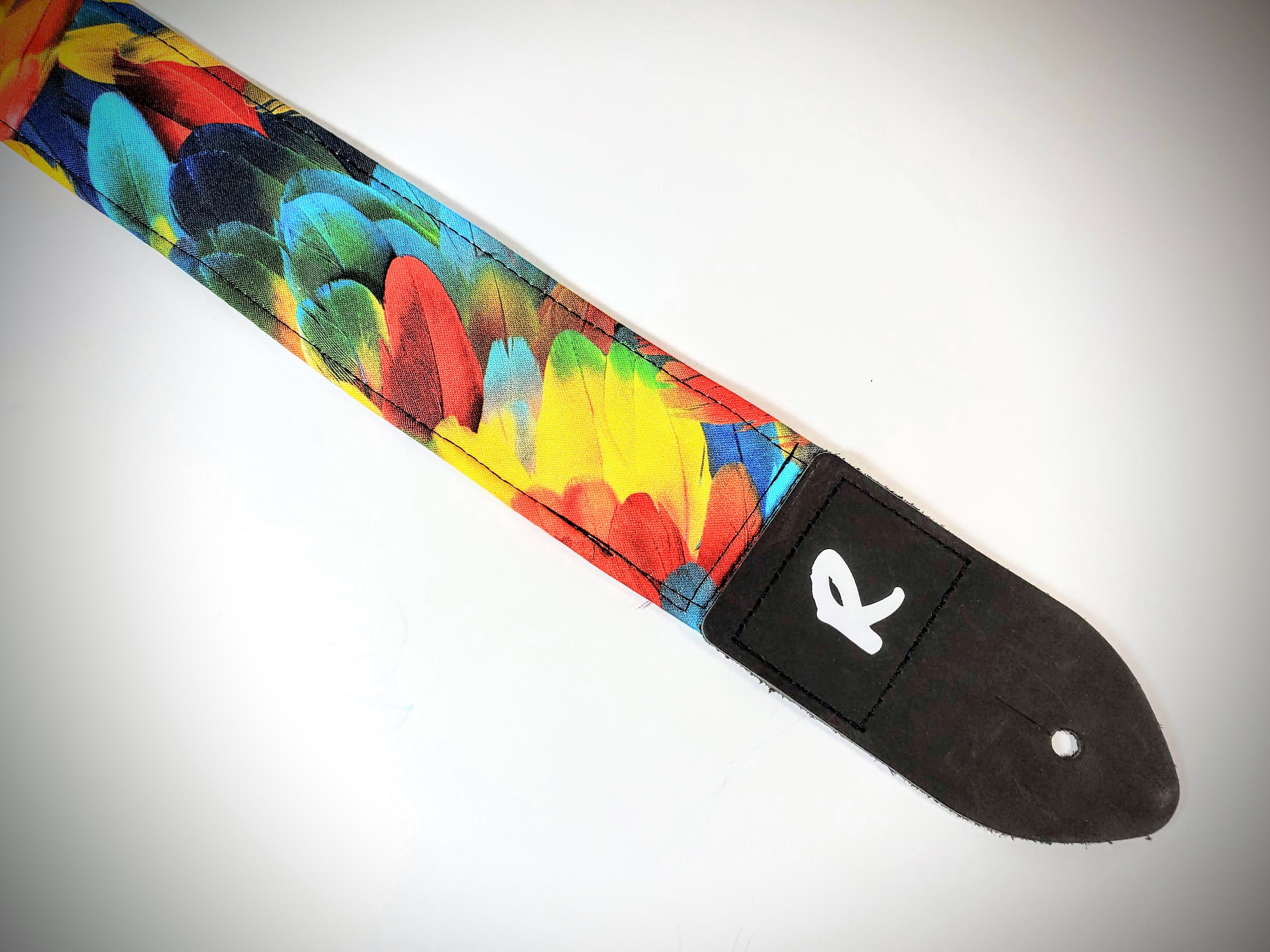 Multi Colored Feather Guitar Strap - Colorful Bird Feather Guitar Strap -