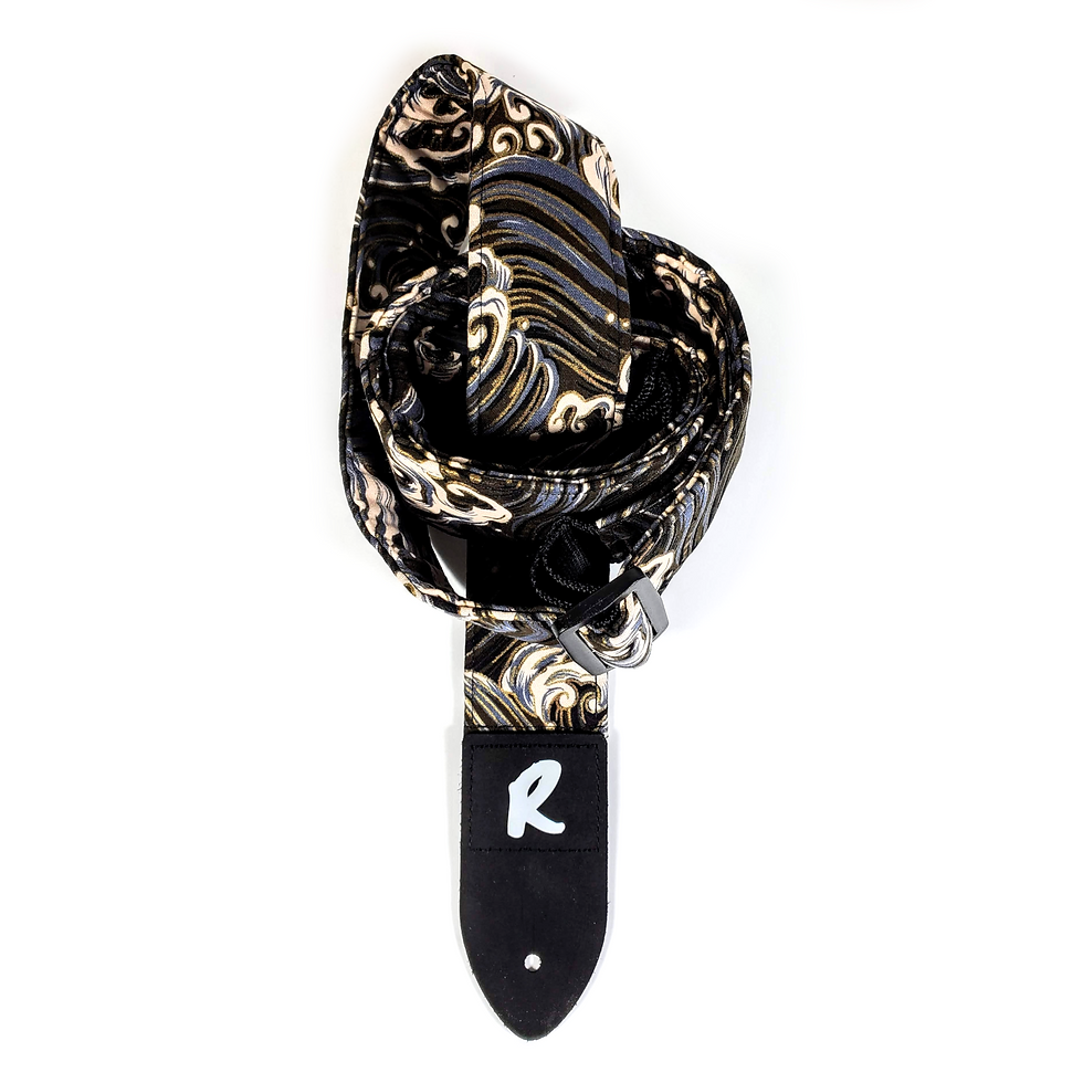 Thumbnail: Black and Blue Japanese Waves Guitar Strap - Black Waves Guitar Strap - Wave