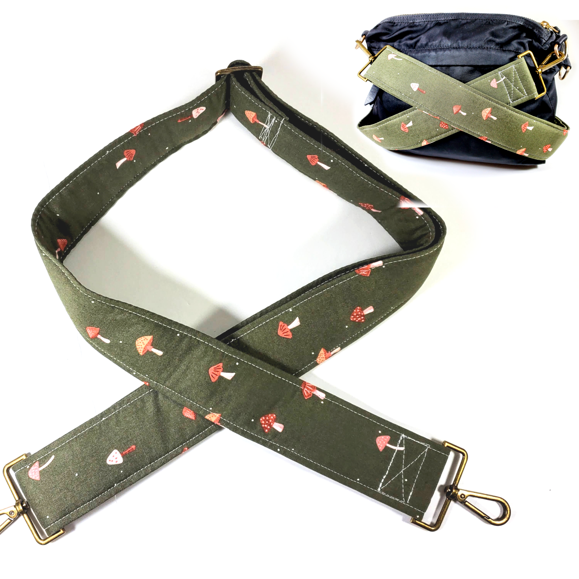 Cross Body Mushroom and Sage Guitar Style Bag Strap - Mushroom Bag Strap -