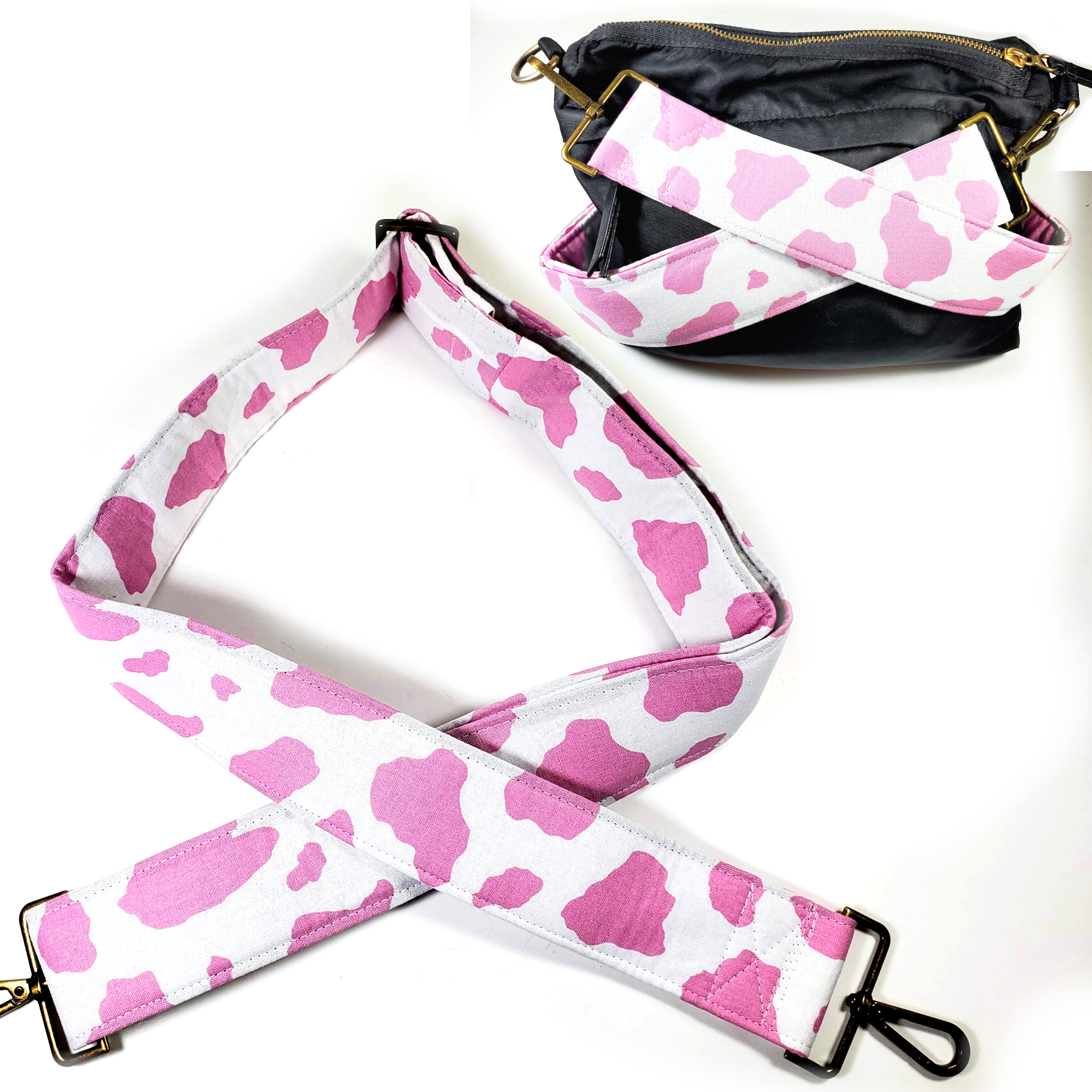 Cross Body Pink Cow Print Guitar Style Bag Strap -  Cow Print Pink Guitar Style