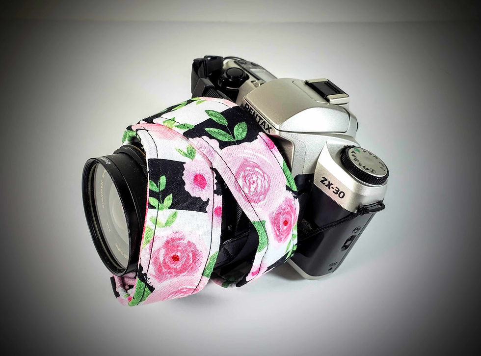 Thumbnail: Floral Camera Strap With Stripes - Small Flowers Camera Strap -