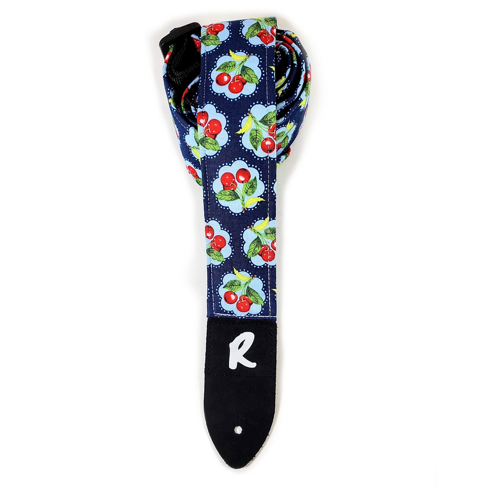 Thumbnail: Cherries on Blue Guitar Strap - Cherry Guitar Strap - Cherry Double Padded
