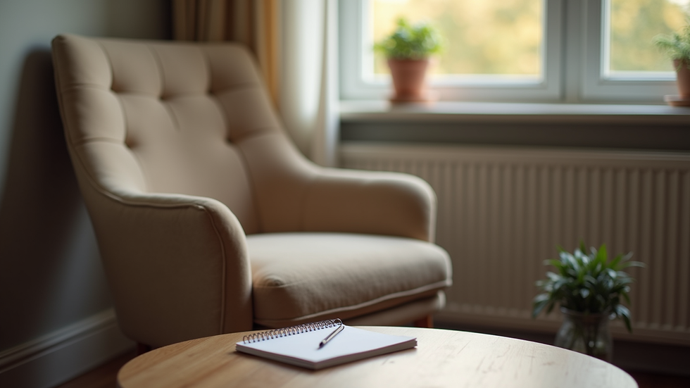 Eye-level view of a cozy coaching space with a comfortable chair and a notepad