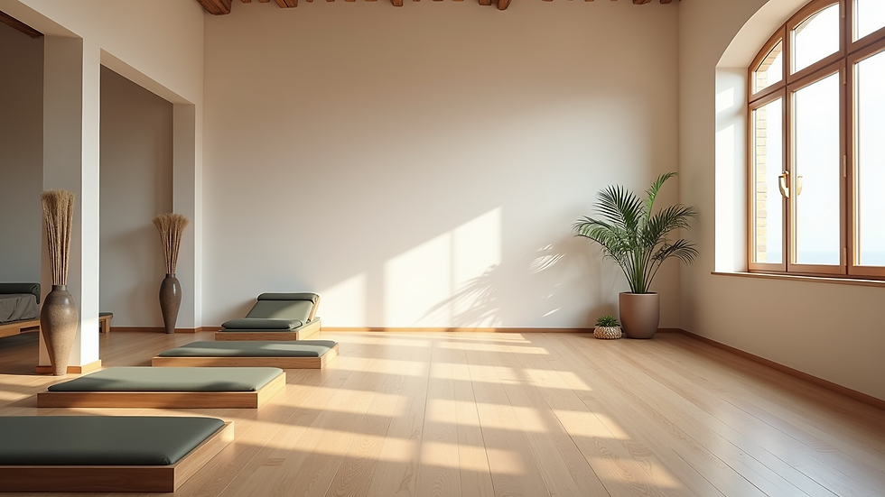 Wide angle view of a serene Pilates studio with mats and equipment