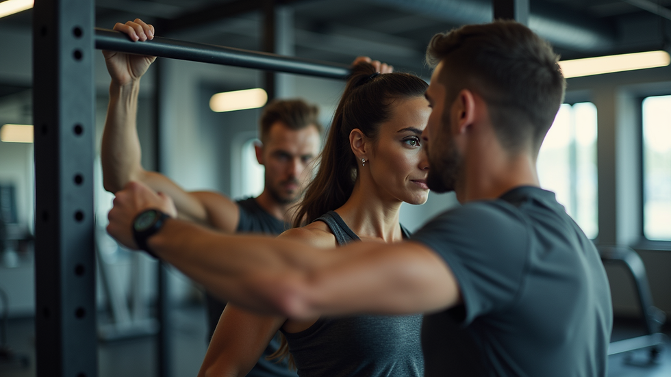 Eye-level view of a personal trainer guiding a client during a workout