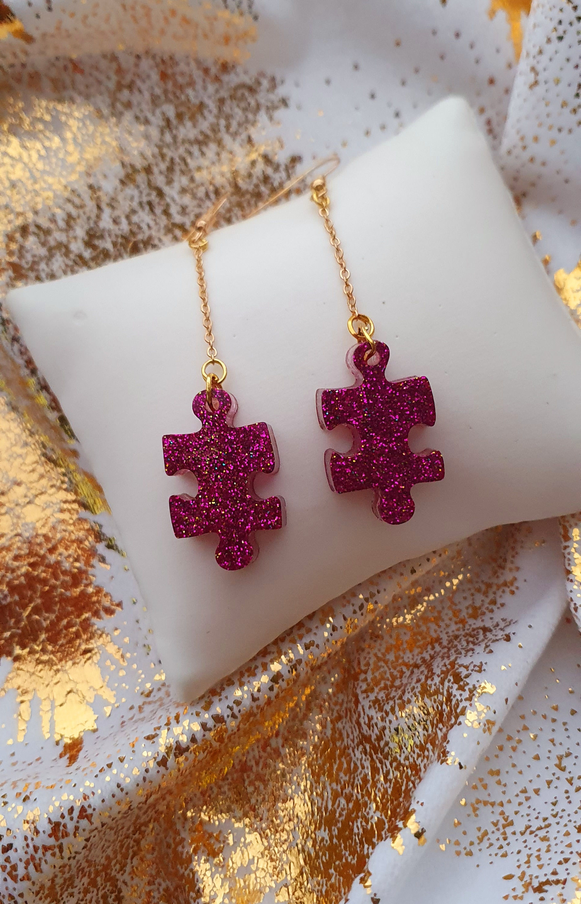 Boucles Résine Puzzle Fuschia Pailletées