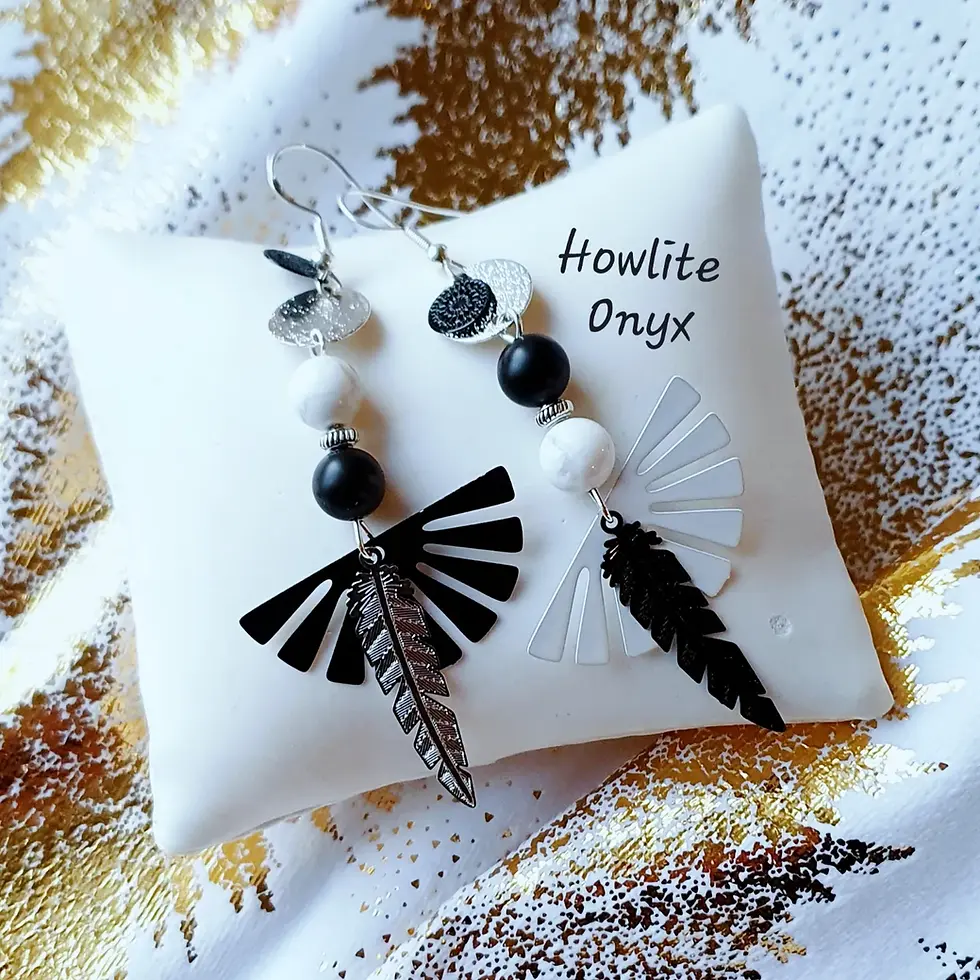 Boucles d'Oreilles Howlite-Onyx "Mémoire, Concentration, Logique et Sagesse"