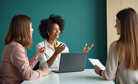 The image features three individuals engaged in a conversation in a modern office setting. One person, with curly hair and a bright smile, appears to be animatedly speaking and gesturing. The other two individuals, one with shoulder-length brown hair and the other with long straight hair, are listening attentively. The background is a soft blue, and there is a laptop and a clipboard on the table, suggesting a collaborative environment. The overall atmosphere seems positive and engaging, highlighting teamwork and communication.