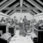 Black and white image showing a team clearing out a cluttered basement or attic space, wit