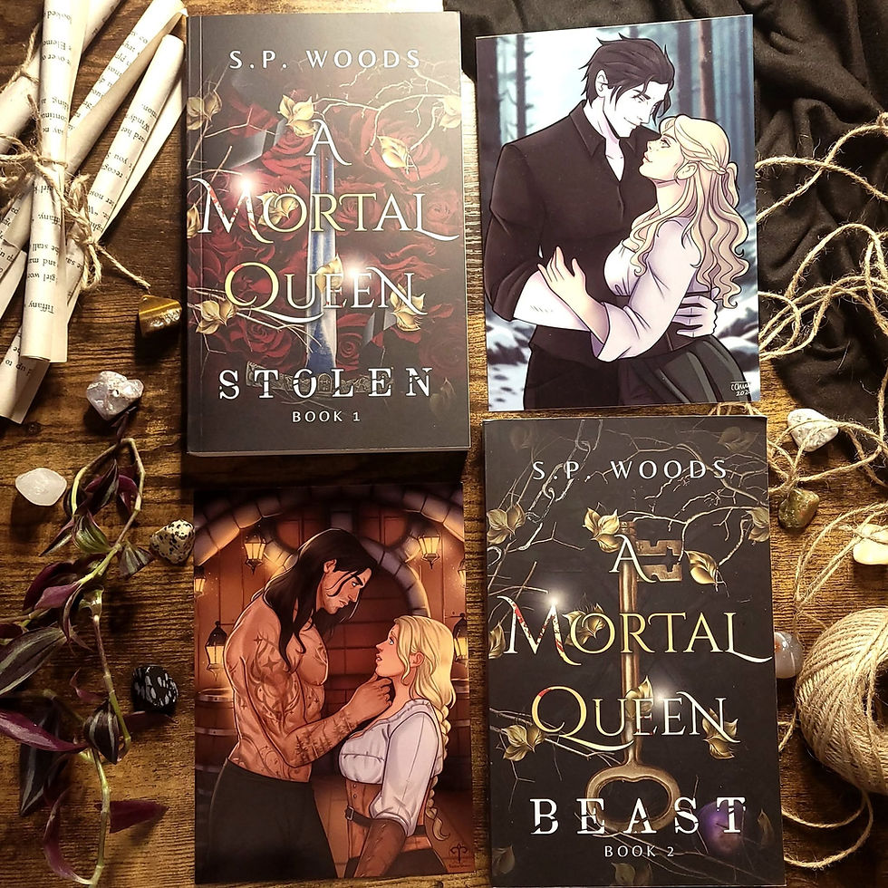 romance book covers by S.P. Woods, including A Mortal Queen: Stolen and Beast, with illustrated couples on a rustic tabletop.