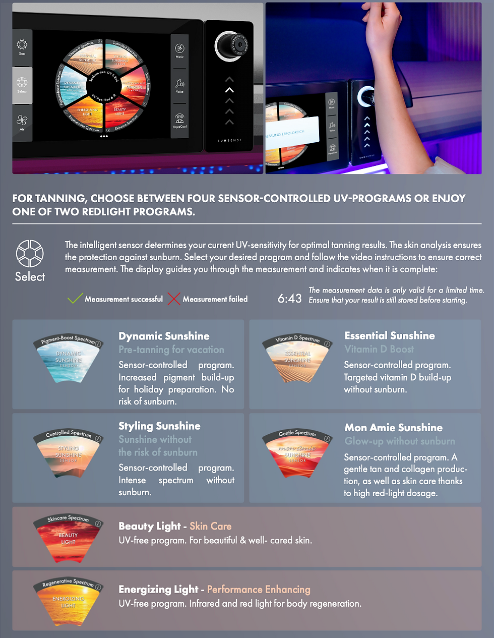 Tanning system with six program options on a digital display. Text explains UV sensitivity measurement. Hand interacts with the display.