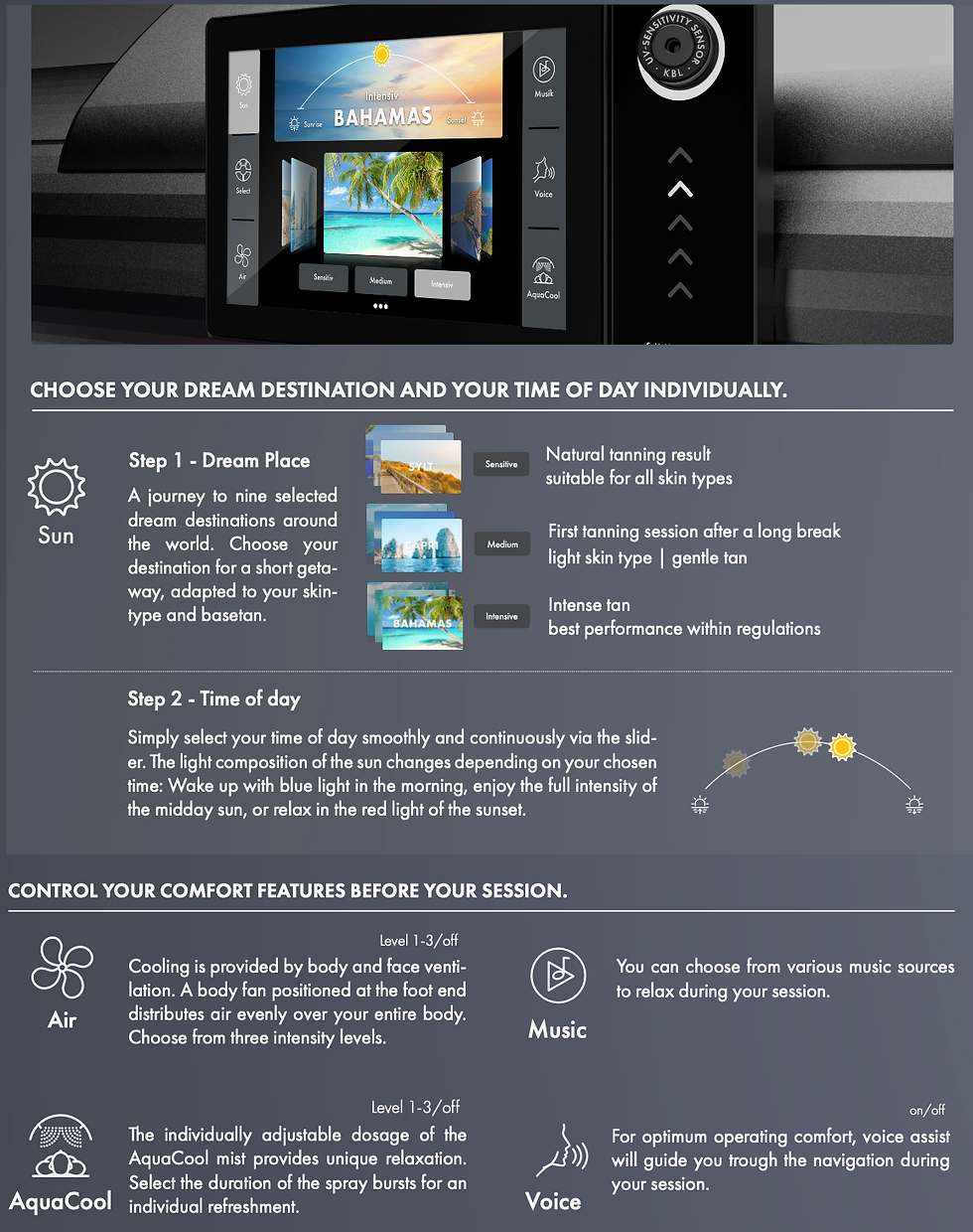 Tanning panel displaying "Bahamas" destination, offers sun intensity and time settings. Features air, music, AquaCool, and voice controls.