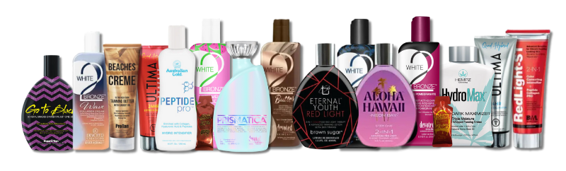 Assorted tanning lotions and skincare products in colorful bottles and tubes, standing in a row against a white background.