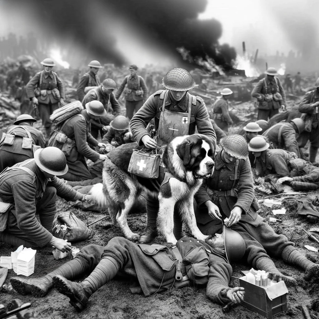 A medical team on the battlefield with a dog aiding the rescue operations