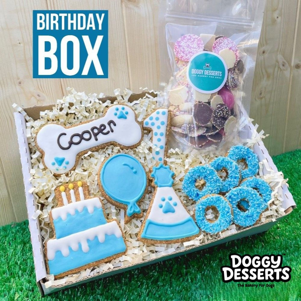 Birthday gift box for dogs with blue-themed iced peanut butter biscuits, a personalised bone biscuit, dog-safe chocolates