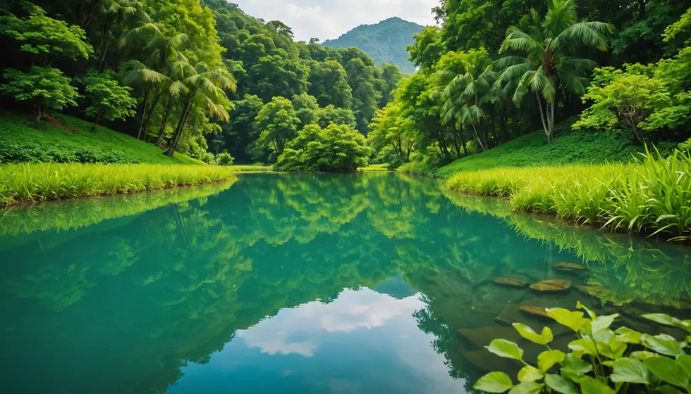 Lush green trees and plants reflect in a calm, blue river under a cloudy sky, with mountains in the background, creating a serene scene.