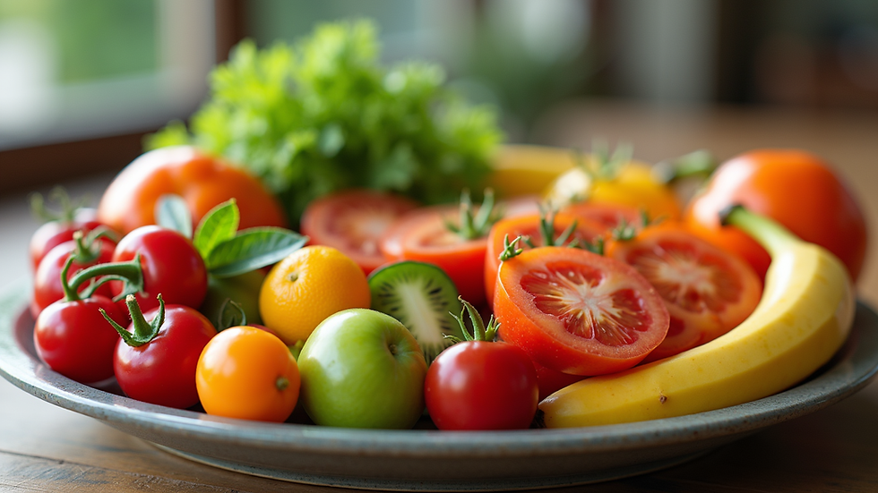 Close-up view of a colorful plate with fresh fruits and vegetables