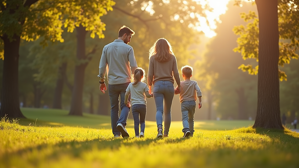 High angle view of a family walking outdoors in a sunny park