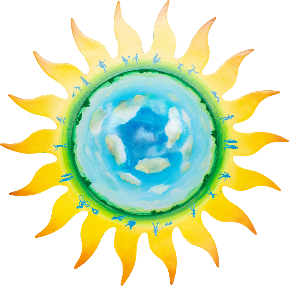 Brightly painted fiberglass sun featuring dawn sky and figures frolicking outdoors. Sunnyvale. Acrylic paint. Public Art