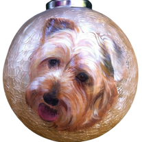 Terrier face pet portrait acrylic on gold glass ornament
