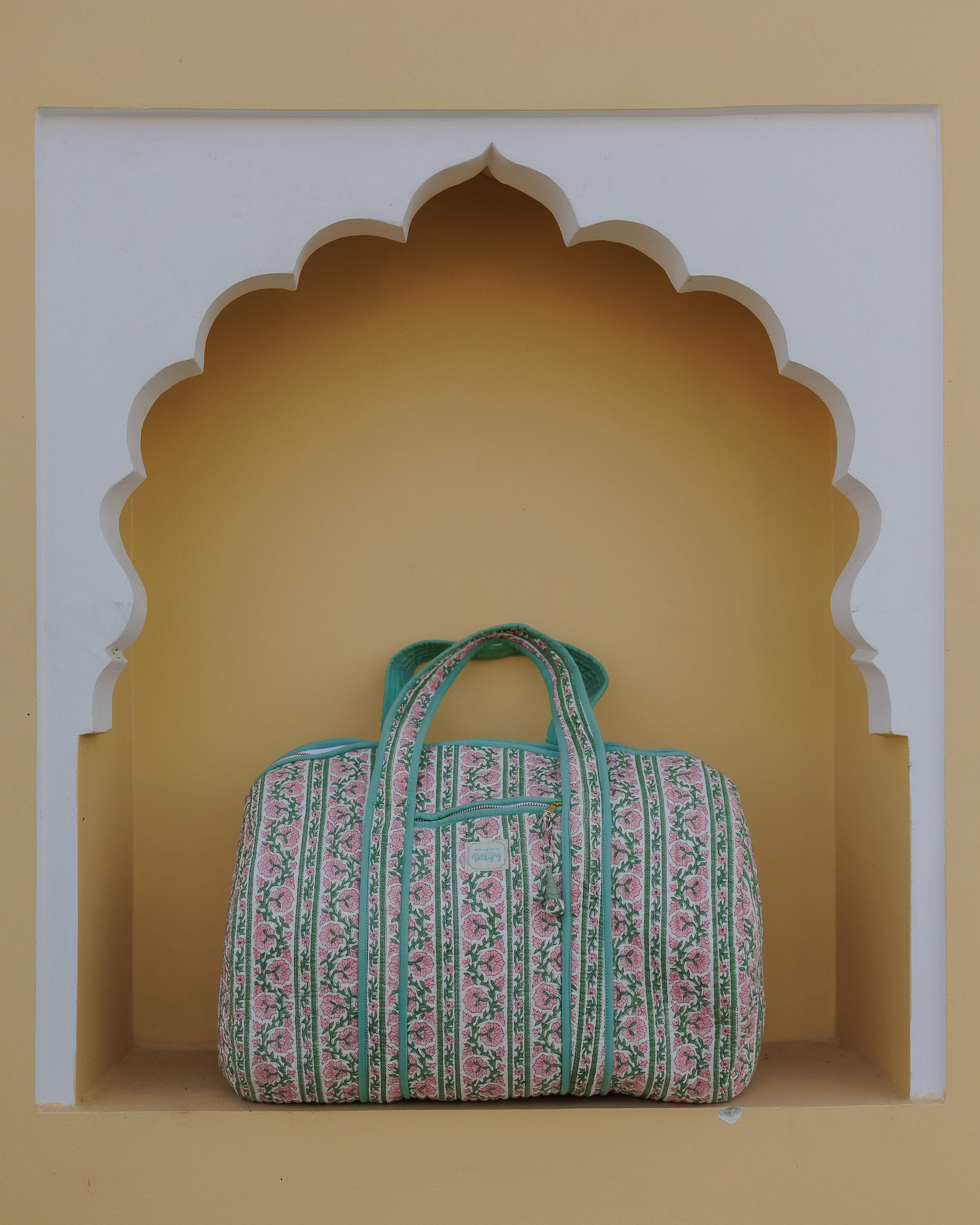 Border Stripe Quilted Weekend Bag in Sage and Pink