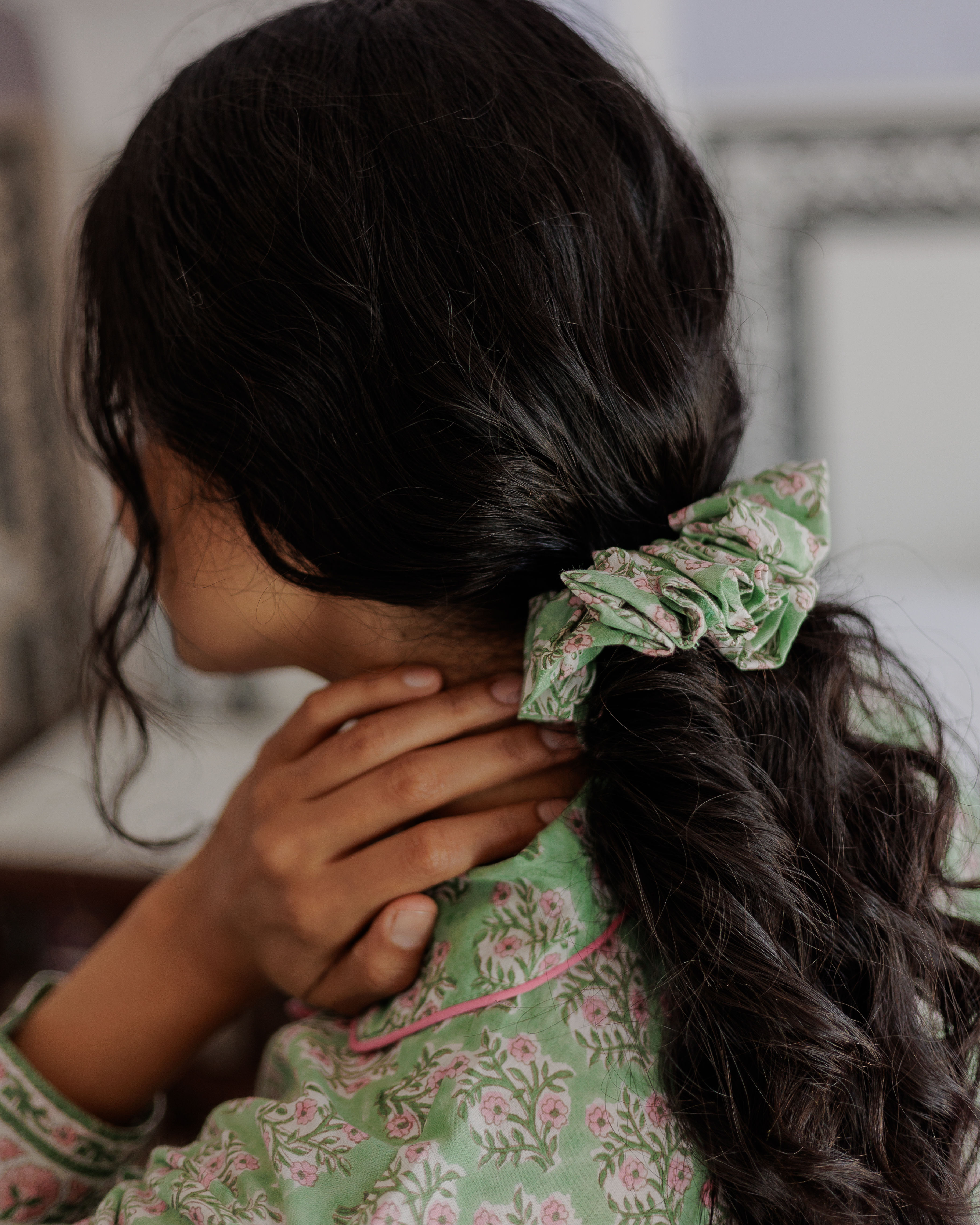 Mogra print scrunchie in sage and pink