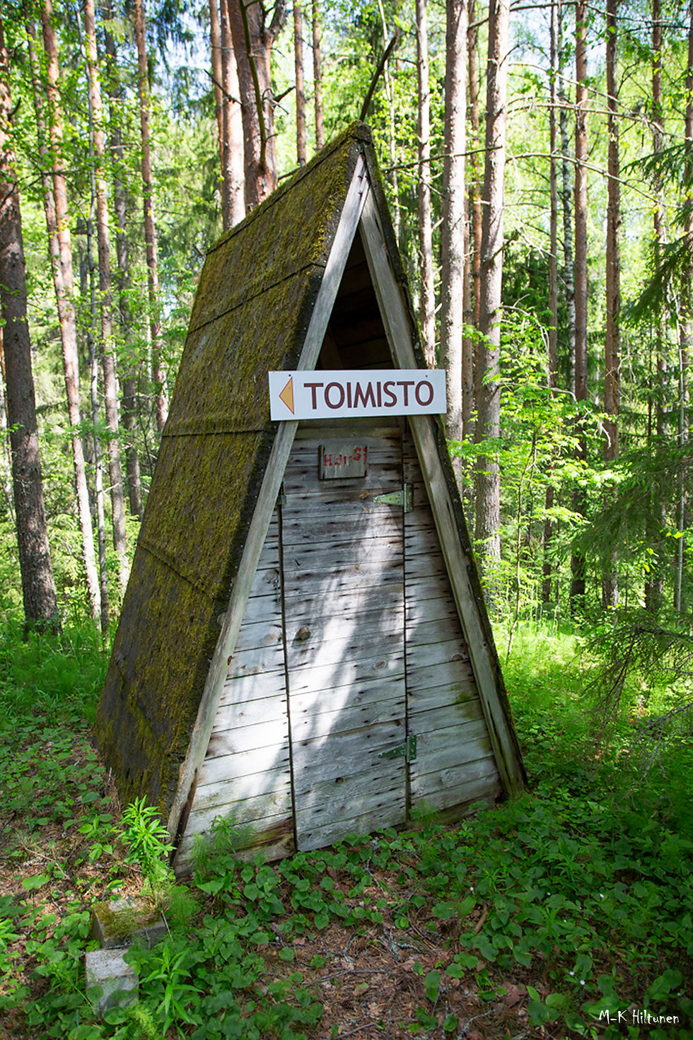 A-frame toilet with mossy roof in forest. Sign reads "TOIMISTO" with arrow. Sunlit trees surround on a lush green floor.