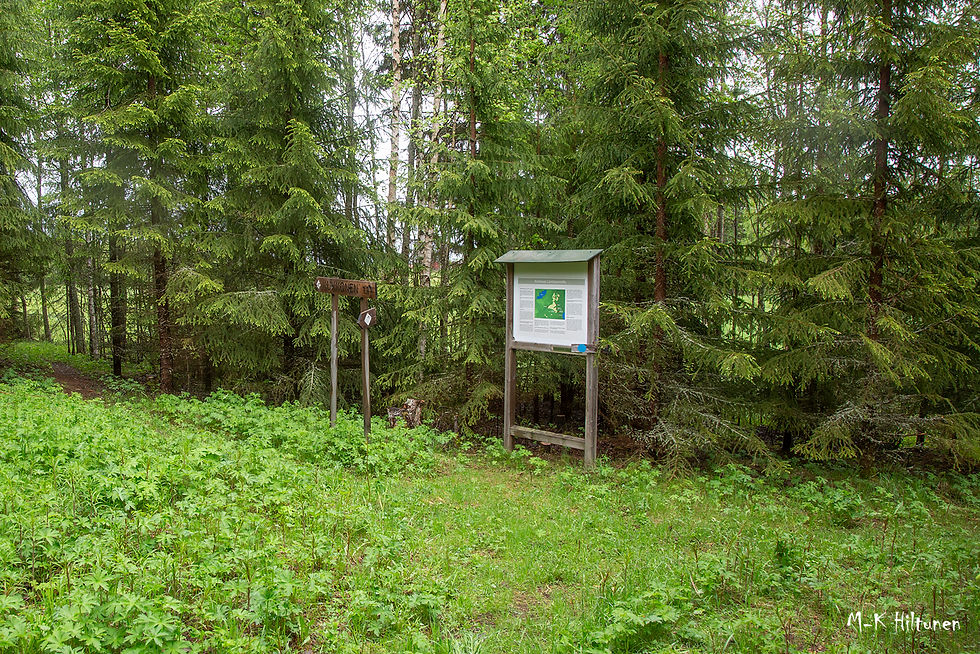 Forest trail with a wooden sign and an informational board. Lush green foliage surrounds the area, conveying tranquility.