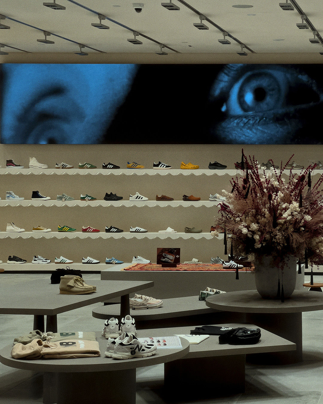 wall mounted display of sneakers and stylish industrial decor