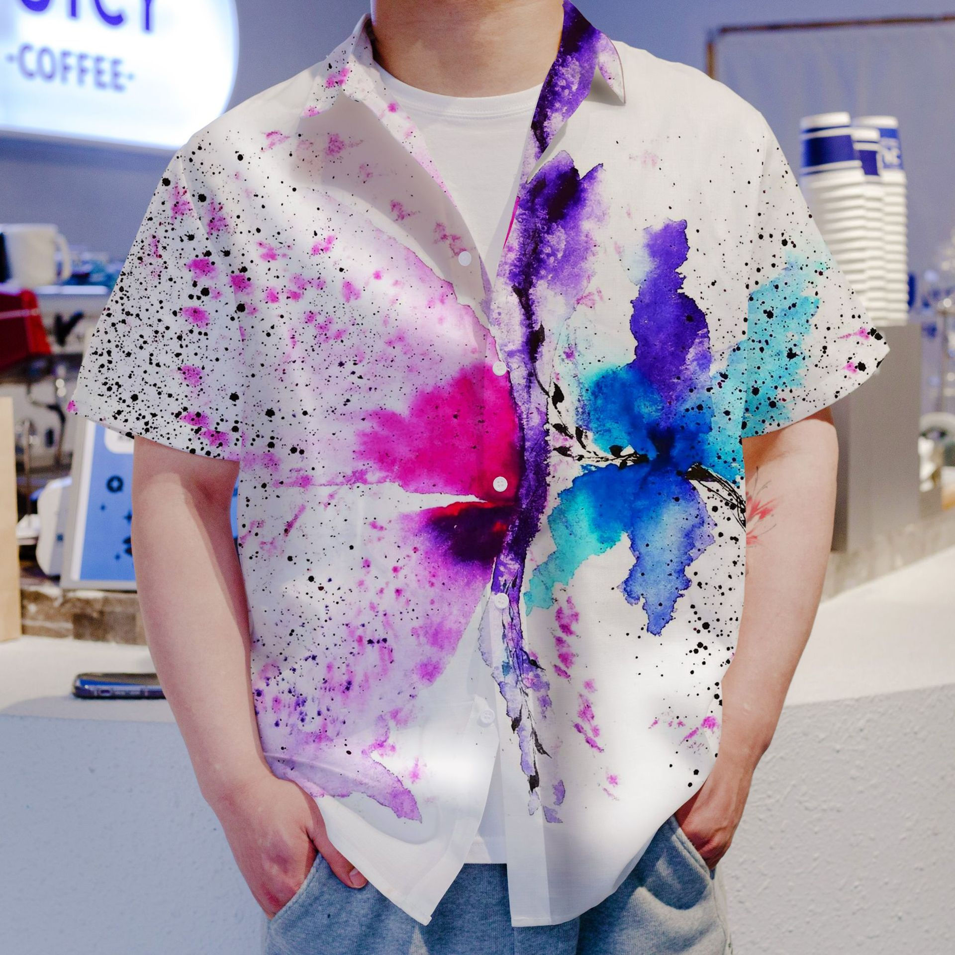 Men's Fashion Shirt 3D Butterfly Print Shirts Short Sleeve Hawaiian Shirt Overs