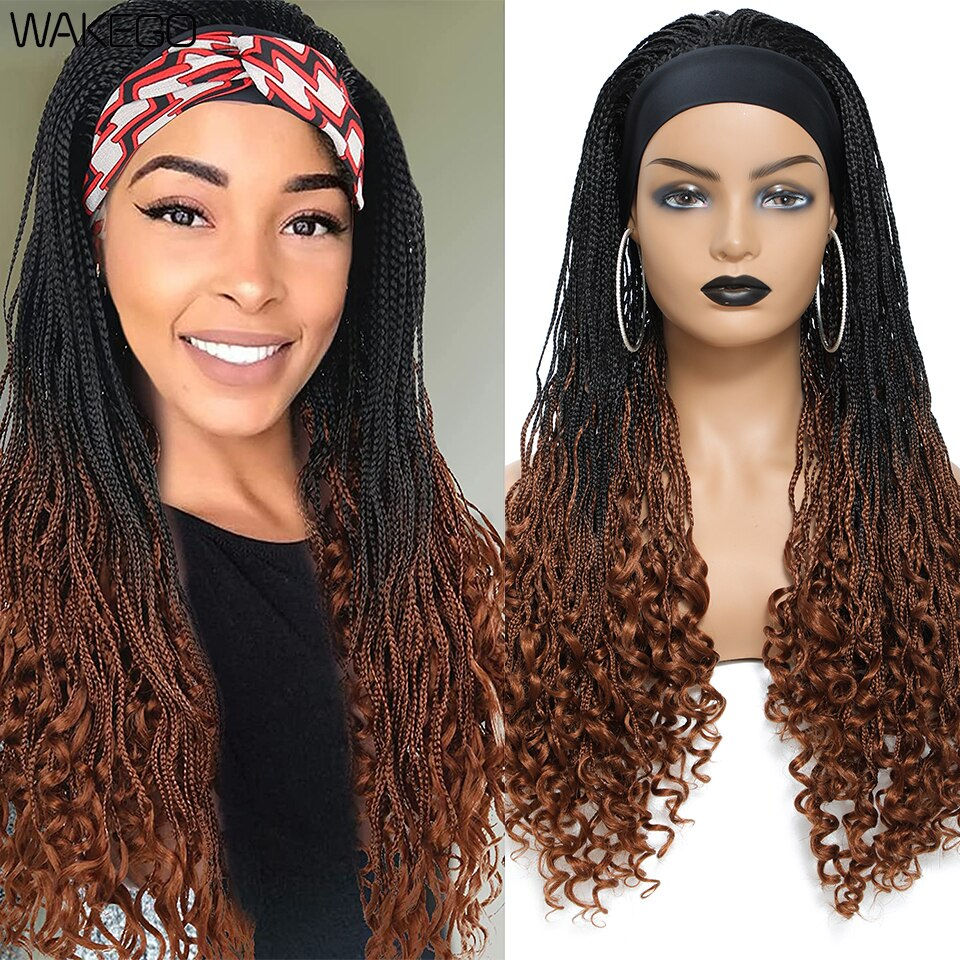 Thumbnail: Wakego Headband Box Braid Wig 24 Inch Curly Headband Wig Ombre Brown Long Braid