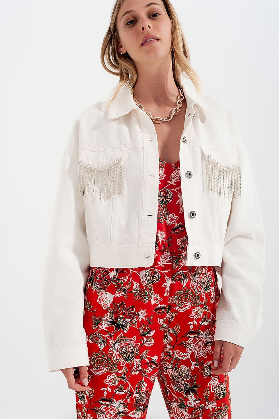 Thumbnail: Denim Jacket With Diamante Fringing in White