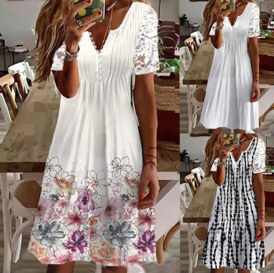 Миниатюра: 2023 Casual Spring Summer Women Dress Print Embroidery Hollow Out Lace Lantern 
