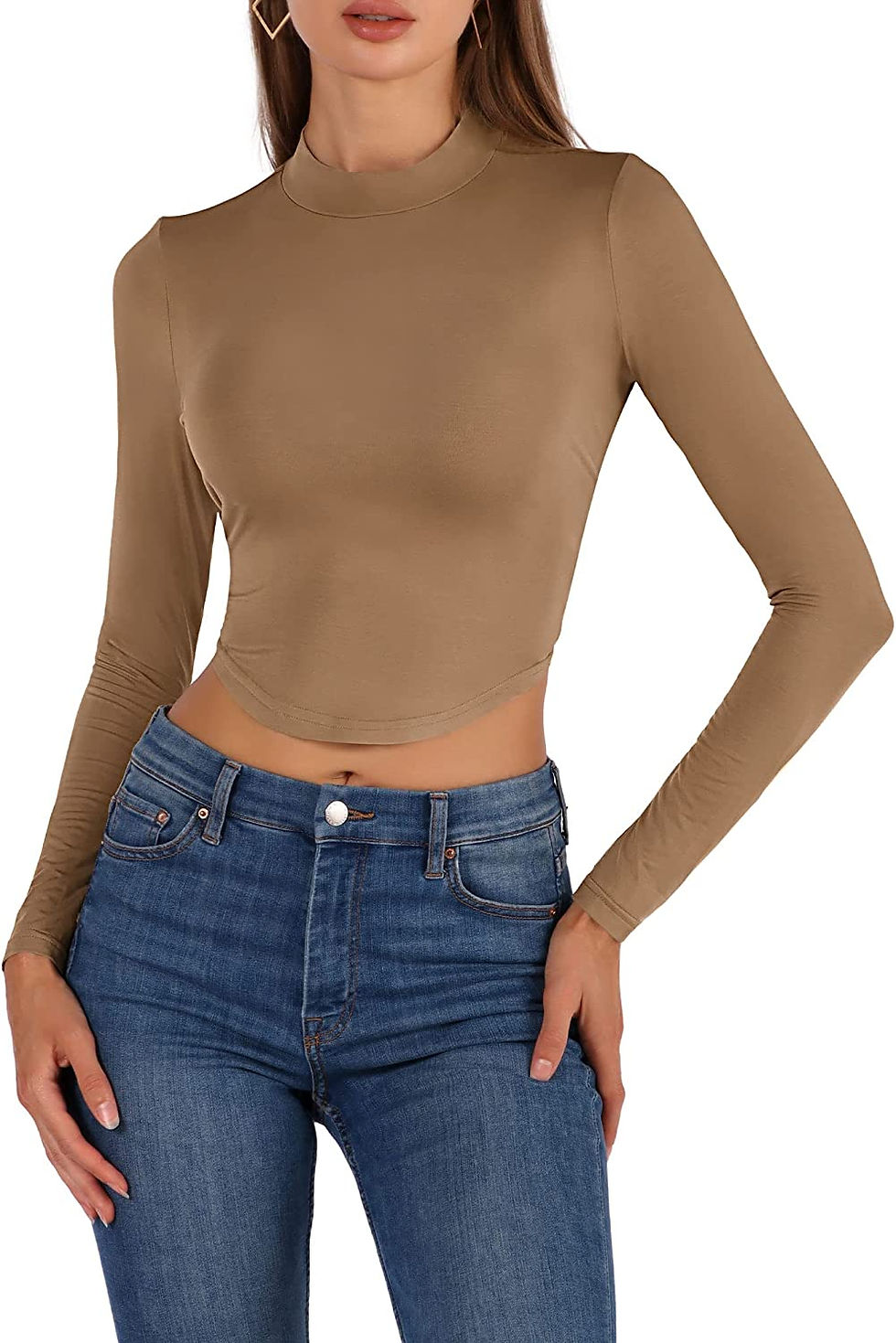 Thumbnail: DIRASS Women's Basic Crew Neck Long Sleeve Fitted Crop T Shirt Top