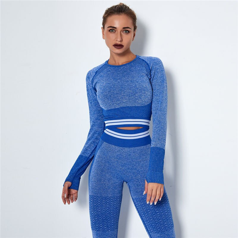 Thumbnail: 2 Pcs Yoga Sets Hollow Mesh Long Sleeve Top+Push Up Gym Leggings Stripes Sport 