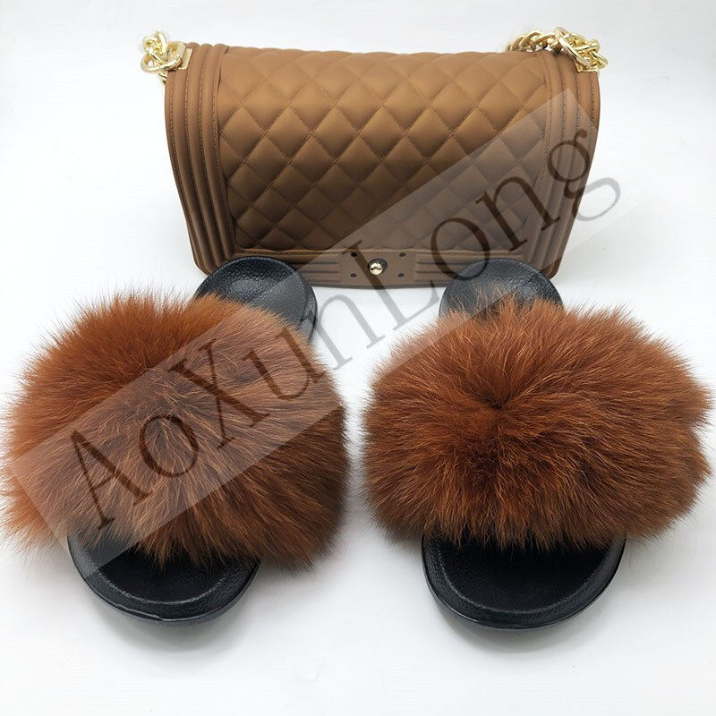 Miniatura: Fluffy Women Fur Slippers Set-Handbag Furry Real Fox Fur Slides Shoes Rainbow C