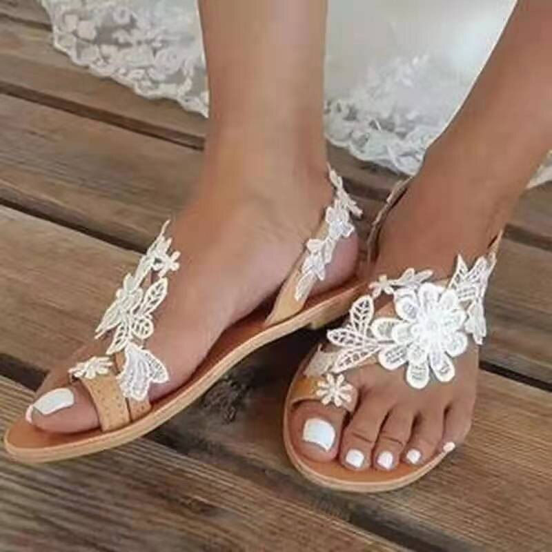 Thumbnail: Summer Women Sandals Sweet Boho Pearl Decoration Sandals Leather Flats Plus Siz