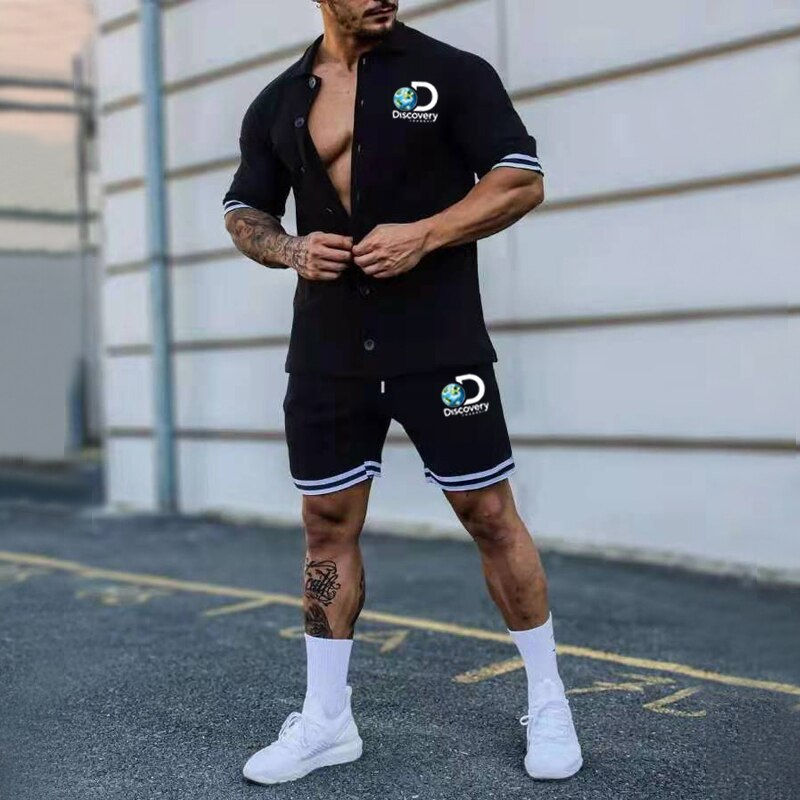 Thumbnail: Summer Men's New Solid Color Lapel Button Down Sports Short Sleeve Shorts Set M
