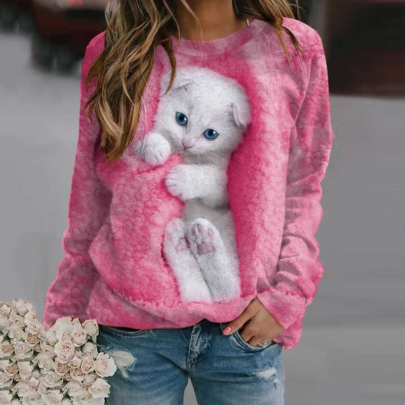 Thumbnail: Women Pullover T-shirt Casual Loose 2023 New Spring Summer Animal Graphic Cat P