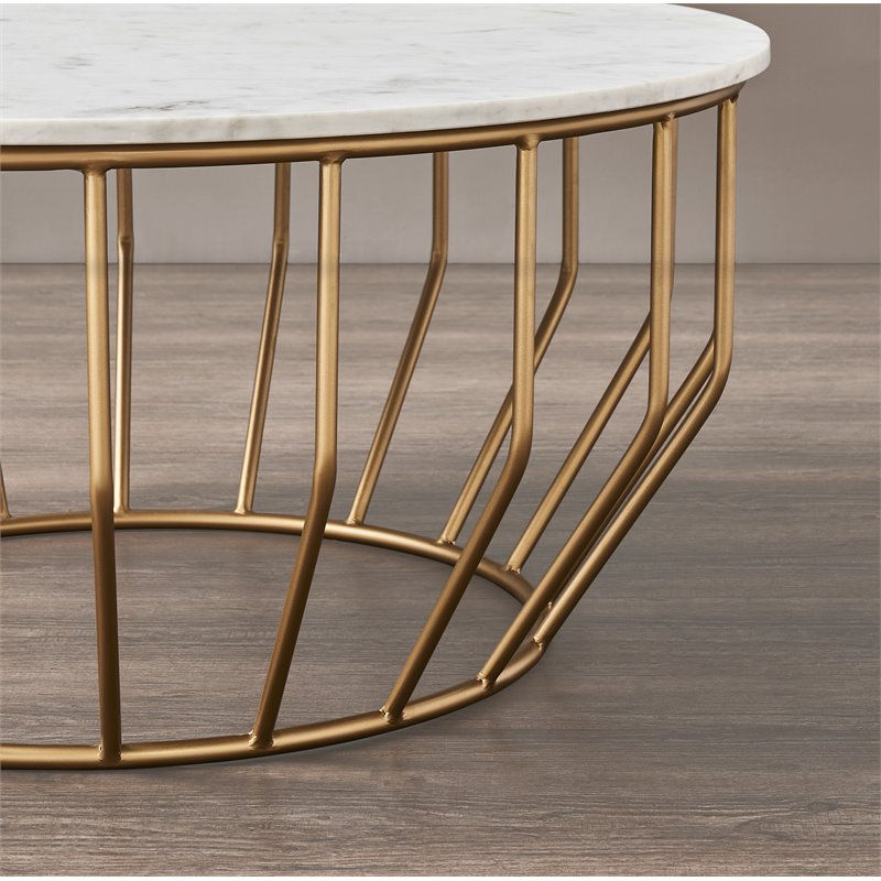 Miniaturbild: Mod-Arte Modern Iron Metal Coffee Table with Marble Top in White/Gold Leaf