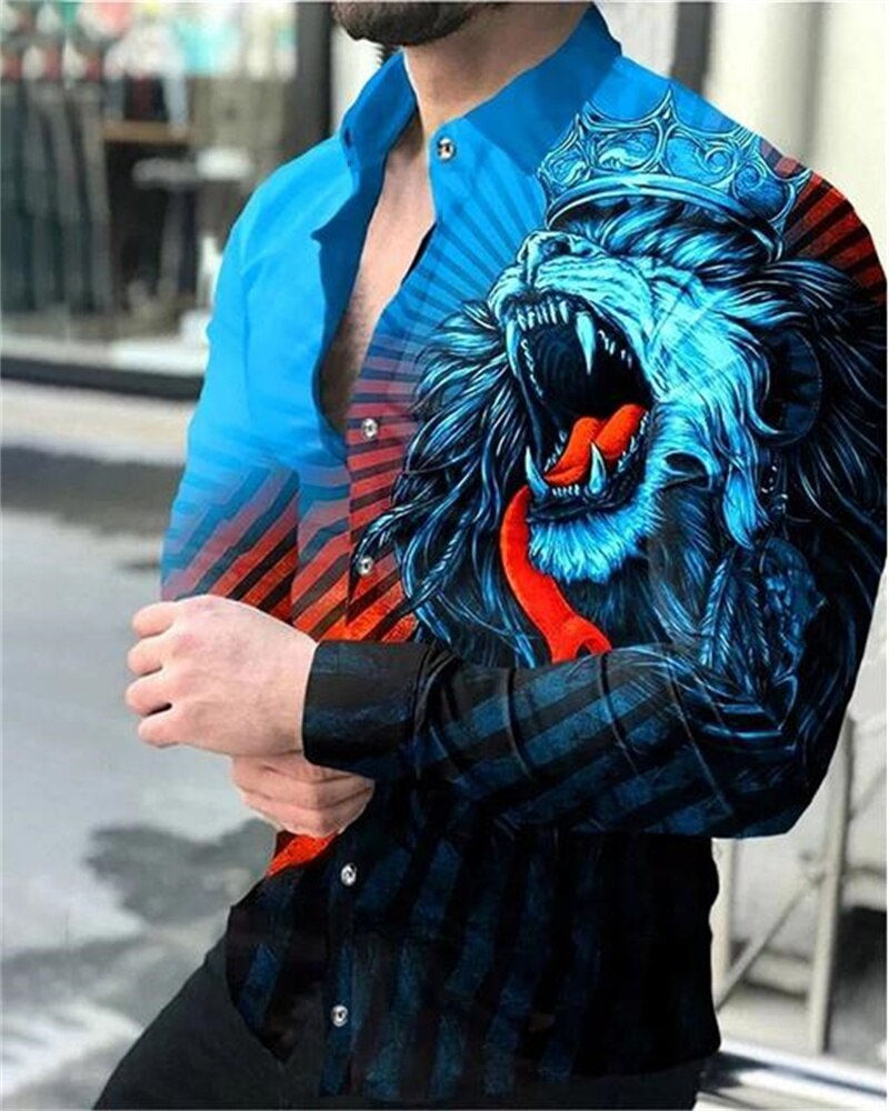 Thumbnail: Men's Party Gathering Planet Lion HD Graphic Men's Shirt Lapel Button Down Shir