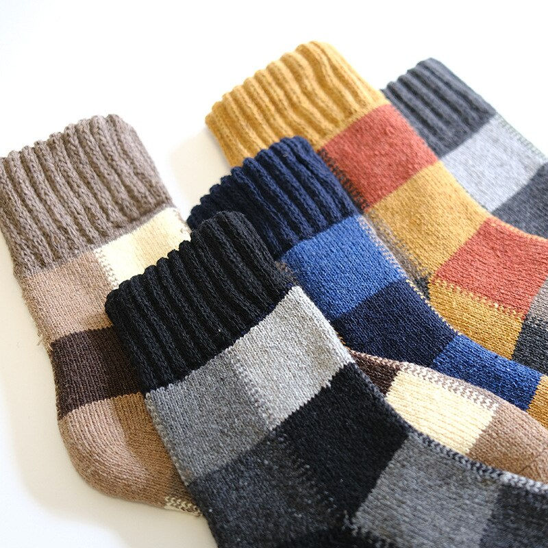 Thumbnail: 5 Pairs Winter Men Thick Warm Wool Socks Plaid Harajuku Retro Large Size Snow L