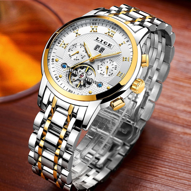 Thumbnail: LIGE Luxury Automatic Mechanical Watch Waterproof Stainless Steel Belt Men Anal