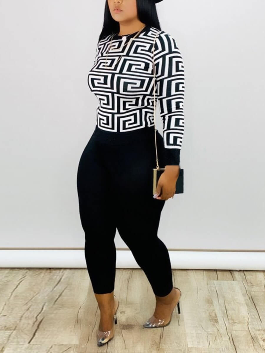 Thumbnail: LW Plus Size Round Neck Geometric Print Pants Set Female Polyester Casual Regul