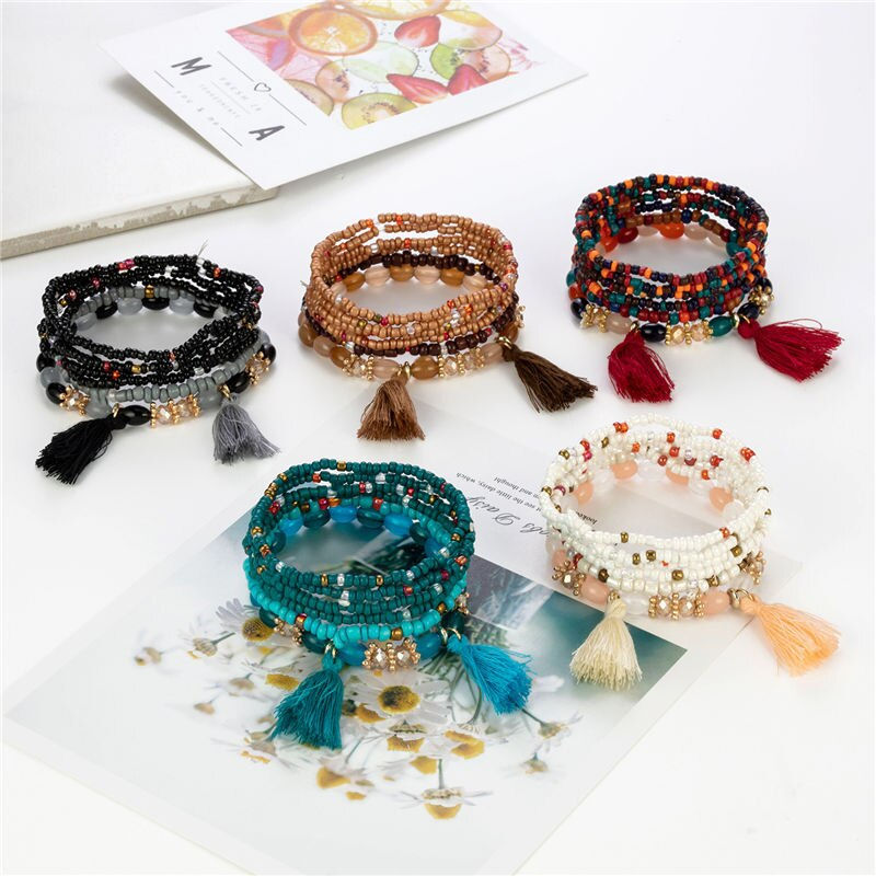 Thumbnail: 6Pcs Bohemian Beaded Bracelet Set For Women Tassels Charm Colourful Seed Beads 