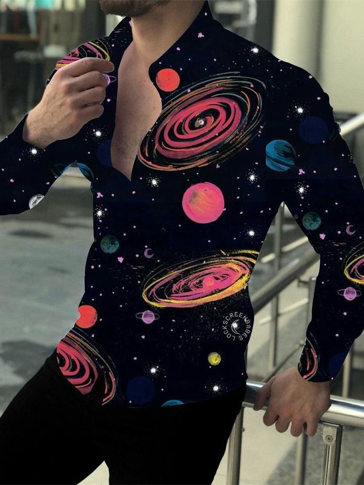 Thumbnail: Men's Party Gathering Planet Lion HD Graphic Men's Shirt Lapel Button Down Shir