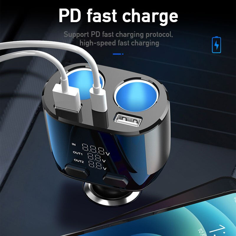 Miniature : BUVAYE 66W Car Fast Charger Cigarette Lighter Socket Dual USB PD Adapter Splitt