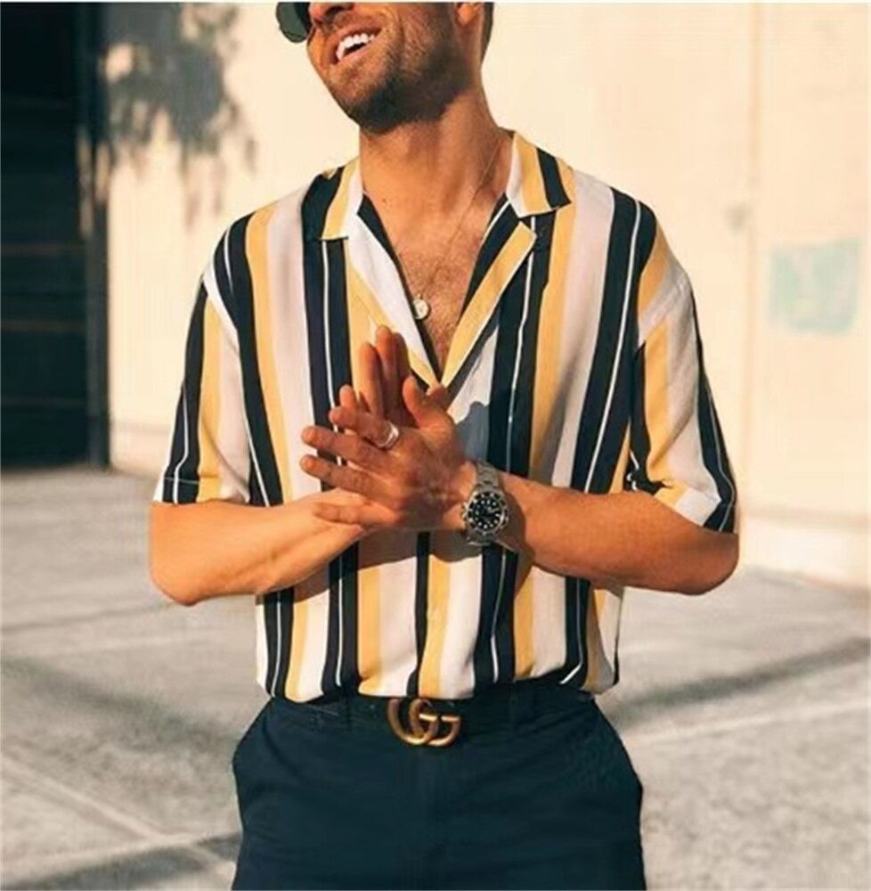الصورة المصغرة: Mens Short Sleeve Collarless Striped Printed Casual Shirts Henley Tee Blouse Bu